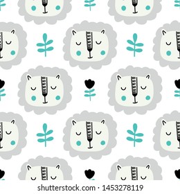 Nursery seamless pattern with lion, Scandinavian style.Vector design for wrapping paper, textile. 