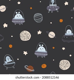 Nursery seamless pattern with little aliens, ufo, stars, planets. Childish pattern for fabric, paper, wrapping, clothing, textile, wallpaper, t-shirt prints, pajamas, linens, kids apparel, beddings