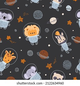 Nursery seamless pattern with little astronauts, stars, planets. Childish pattern for fabric, paper, wrapping, clothing, textile, wallpaper, t-shirt prints, pajamas, linens, kids apparel, beddings