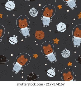 Nursery seamless pattern with little bear astronauts, stars, planets. Childish pattern for fabric, paper, wrapping, clothing, textile, wallpaper, t-shirt prints, pajamas, linens, kids apparel