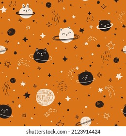 Nursery seamless pattern with little planets, stars. Childish pattern for fabric, paper, wrapping, clothing, textile, wallpaper, t-shirt prints, pajamas, linens, kids apparel, beddings