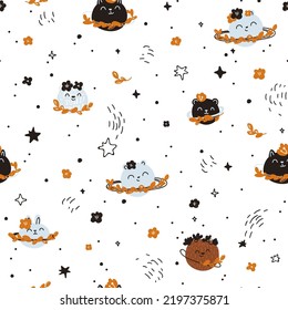 Nursery patrón sin costura con pequeños planetas, gato, oso, estrellas. Patrón infantil para tela, papel, envoltura, ropa, tejidos, papel pintado, estampados de camisetas, pijamas, ropa de cama, prendas de vestir para niños, ropa de cama