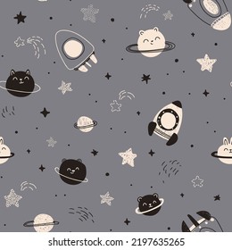 Nursery seamless pattern with little rockets, stars, planets. Childish pattern for fabric, paper, wrapping, clothing, textile, wallpaper, t-shirt prints, pajamas, linens, kids apparel, beddings