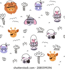 Nursery seamless pattern with marine little pirates: lion, elephant, zebra, giraffe. Childish pattern for fabric, paper, wrapping, clothing, textile, wallpaper, cards, t-shirt prints