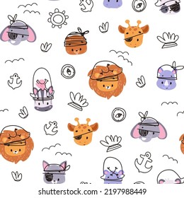 Nursery seamless pattern with marine little pirates: lion, elephant, zebra, giraffe. Childish pattern for fabric, paper, wrapping, clothing, textile, wallpaper, cards, t-shirt prints. Vector