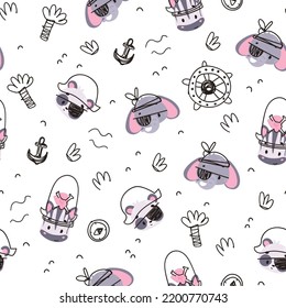 Nursery seamless pattern with marine little pirates: panda, elephant, zebra. Childish pattern for fabric, paper, wrapping, clothing, textile, wallpaper, cards, t-shirt prints. Vector