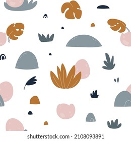 Nursery seamless pattern with monsters and stones. Childish pattern for fabric, wrapping, clothing, textile, wallpaper, pajamas, kids apparel, beddings