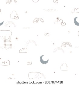 Nursery seamless pattern with night sky, stars, moon and clouds. Childish pattern for fabric, paper, wrapping, clothing, textile, wallpaper, cards, t-shirt prints, pajamas, linens