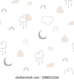 Nursery sin fisuras con cielo nocturno, arco iris, luna y nubes. Patrón infantil para tela, papel, envoltura, ropa, textiles, papel pintado, tarjetas, estampados para camisetas, pijamas, ropa