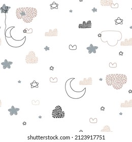 Nursery seamless pattern with night sky, stars, moon and clouds, rainbow. Childish pattern for fabric, paper, wrapping, clothing, textile, wallpaper, cards, t-shirt prints, pajamas, linens