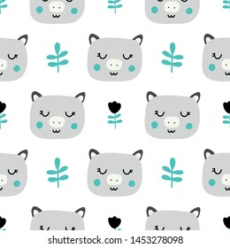 Nursery seamless pattern with pig, Scandinavian style.Vector design for wrapping paper, textile. 