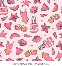 Nursery seamless pattern with pink doodles on textured background. Summer wallpaper, vacation textile print, scrapbooking, stationary, wrapping paper, stationary, etc. EPS 10