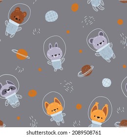 Nursery seamless pattern with planets, little forest astronauts animals: bunny, bear, fox. Childish pattern for fabric, wrapping, clothing, textile, wallpaper, pajamas, linens, kids apparel, beddings
