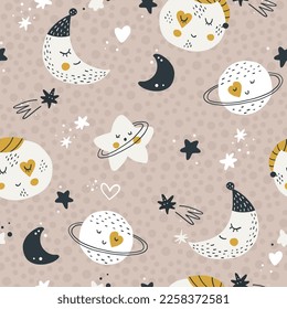 Nursery seamless pattern with planets and stars. Vector background with cute baby shower elements in simple hand-drawn Scandinavian cartoon doodle style. Limited pastel palette for printing