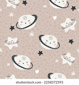 Nursery seamless pattern with planets and stars. Vector background with cute baby shower elements in simple hand-drawn Scandinavian cartoon doodle style. Limited pastel palette for printing