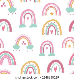 Nursery seamless pattern with rainbows on white background. Kids textile print, wallpaper, scrapbooking, stationary, wrapping paper, bedding, etc. EPS 10