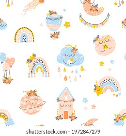 Nursery seamless pattern with rainbows, planets, clouds. Vector background with cute baby shower elements in simple hand-drawn Scandinavian cartoon doodle style. Limited pastel palette for printing.