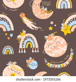 Nursery seamless pattern with rainbows, planets, clouds. Vector background with cute baby shower elements in simple hand-drawn Scandinavian cartoon doodle style. Limited pastel palette for printing