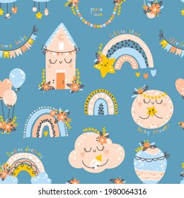 Nursery seamless pattern with rainbows, planets, clouds. Vector background with cute baby shower elements in simple hand-drawn Scandinavian cartoon doodle style. Limited pastel palette for printing