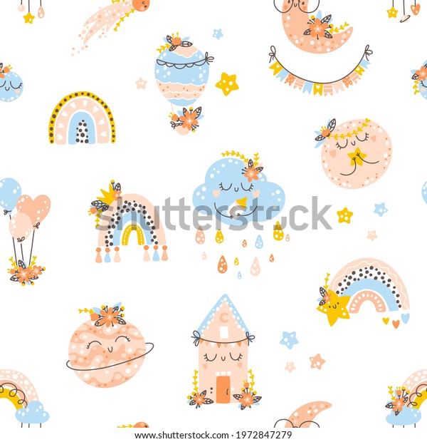 Nursery seamless pattern with rainbows,\
planets, clouds. Vector background with cute baby shower elements\
in simple hand-drawn Scandinavian cartoon doodle style. Limited\
pastel palette for\
printing.