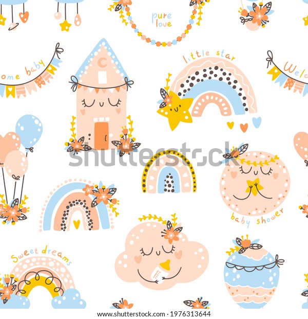 Nursery seamless pattern with rainbows, planets,\
clouds. Vector background with cute baby shower elements in simple\
hand-drawn Scandinavian cartoon doodle style. Limited pastel\
palette for printing