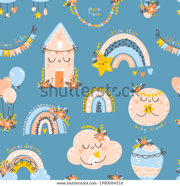 Nursery seamless pattern with rainbows, planets,
clouds. Vector background with cute baby shower elements in simple
hand-drawn Scandinavian cartoon doodle style. Limited pastel
palette for printing