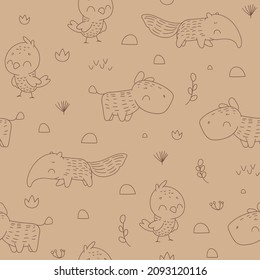 Nursery seamless pattern with safari animals in linear style. Safari coloring pattern. Childish pattern for fabric, wrapping, clothing, textile, wallpaper, pajamas, kids apparel, beddings. Vector