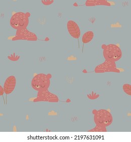 Nursery seamless pattern with safari animals. leopard. Safari pattern. Childish pattern for fabric, wrapping, clothing, textile, wallpaper, pajamas, kids apparel, beddings. Vector