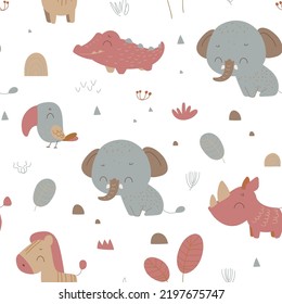 Nursery seamless pattern with safari animals: toucan, crocodile, elephant, rhino. Safari pattern. Childish pattern for fabric, wrapping, clothing, textile, wallpaper, pajamas, kids apparel, beddings.