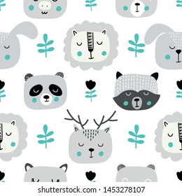 Nursery seamless pattern with skunk, bear, lion and deer, pig. Scandinavian style.Vector design for wrapping paper, textile. 
