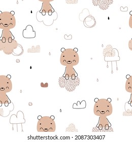 Nursery seamless pattern with sleeping bear on a clouds. Childish pattern for fabric, paper, wrapping, clothing, textile, wallpaper, cards, t-shirt prints, pajamas, linens