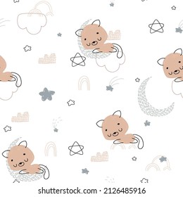 Nursery seamless pattern with sleeping cat on cloud and moon. Childish pattern for fabric, paper, wrapping, clothing, textile, wallpaper, cards, t-shirt prints, pajamas, linens
