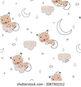 Nursery seamless pattern with sleeping squirrel on a cloud. Childish pattern for fabric, paper, wrapping, clothing, textile, wallpaper, cards, t-shirt prints, pajamas, linens