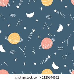 Nursery seamless pattern space background with planet on navy blue background Use for print, wallpaper, decoration, textiles. Vector illustration