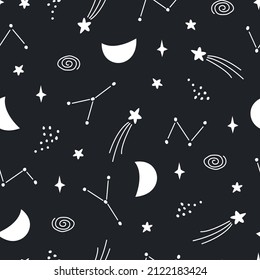 Nursery seamless pattern space background with planet on black background Use for print, wallpaper, decoration, textiles. Vector illustration