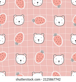 Nursery seamless pattern strawberry and bear on square grid background used for prints, wallpaper, textiles Vector Illustration