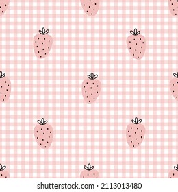 Nursery Seamless Pattern Strawberry On Checkered Background Used For Print, Wallpaper, Textile, Vector Illustration