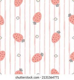 Nursery seamless pattern strawberry on striped background used for print, wallpaper, textile, vector illustration