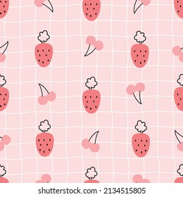 Nursery seamless pattern strawberry on mesh background used for prints, wallpaper, textiles Vector Illustration