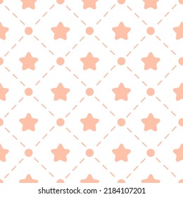 Nursery seamless pattern template. Simple vector star and shape fabric print. Isolated flat doodle drawing. Scandinavian retro boho style. Pink dotted line ornament.