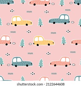 Nursery seamless pattern vintage car with trees on pink background used for prints, wallpapers, textiles Vector Illustration