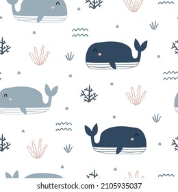 Nursery seamless pattern whale and coral in the sea hand drawn design in cartoon style Use for textiles, prints, wallpapers, vector illustration