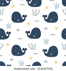 Nursery nahtlose Muster Wal im Meer handgezeichnet Design im Cartoon-Stil Verwendung für Textilien, Drucke, Wallpaper, Vektorgrafik