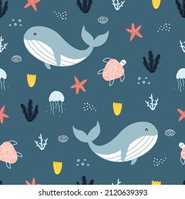 Nursery seamless pattern whale in the sea hand drawn design in cartoon style Use for textiles, prints, wallpapers, vector illustration