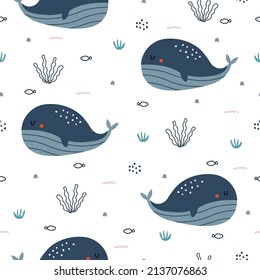 Nursery seamless pattern whale in the sea hand drawn design in cartoon style Use for textiles, prints, wallpapers, vector illustration