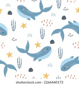 Nursery seamless pattern whale in the sea hand drawn design in cartoon style Use for textiles, prints, wallpapers, vector illustration