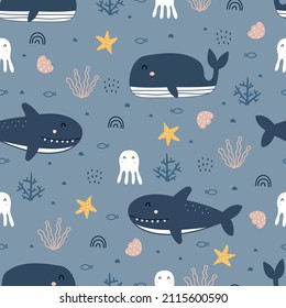 Nursery seamless pattern whale and shark in the sea hand drawn design in cartoon style Use for textiles, prints, wallpapers, vector illustration