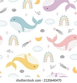 Nursery seamless pattern whale with sky hand drawn in cartoon style Use for textiles, prints, wallpapers, vector illustration