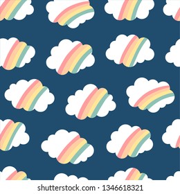 Nursery seamless pattern. White cloud with rainbow inside floating on the blue sky. Positive and dreaming background for kids design.