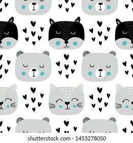 Nursery seamless pattern withfox,cat,bear. Scandinavian style.Vector design for wrapping paper, textile. 
